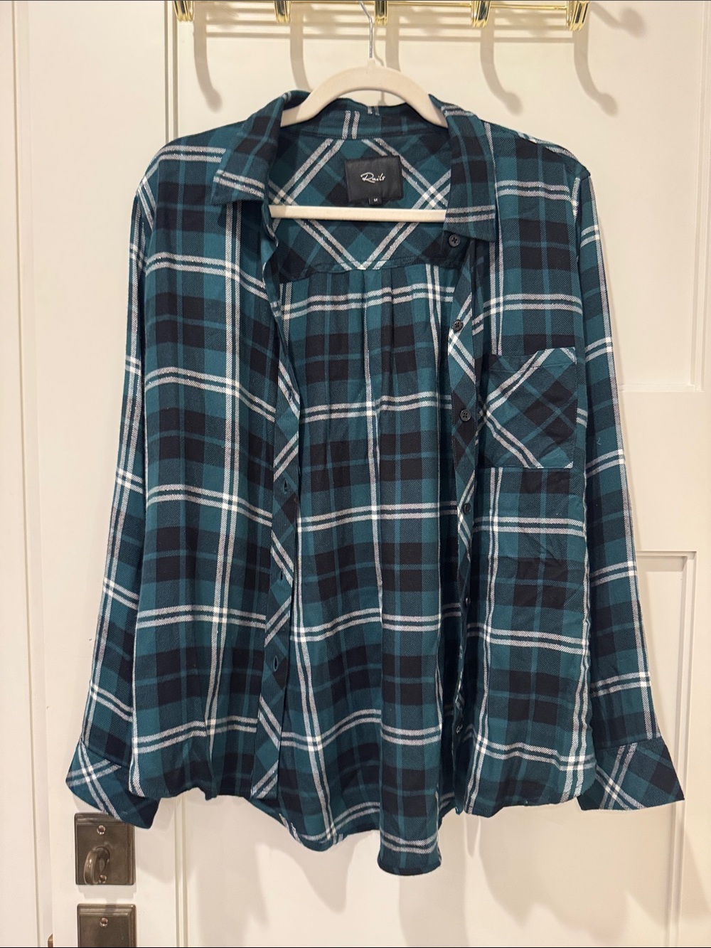 Rails Teal Green Plaid Flannel Shirt Silver Sparkle Thread Size Medium